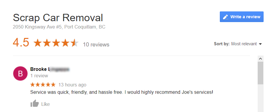 scrap car removal vancouver five-star review