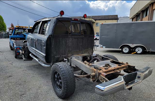 scrap car removal of the remains of a Dodge truck.